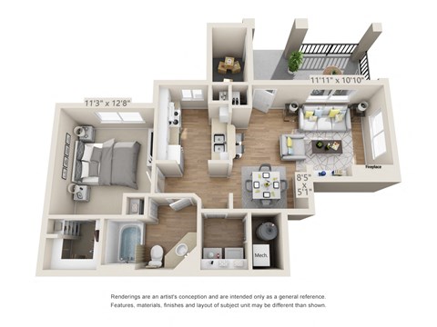 Floor plan for 1 bed, 1 bath, 727 sqft